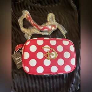 Disney Loungefly Red Polka Dot Gold Chain Crossbody Bag with Trademark Gold D